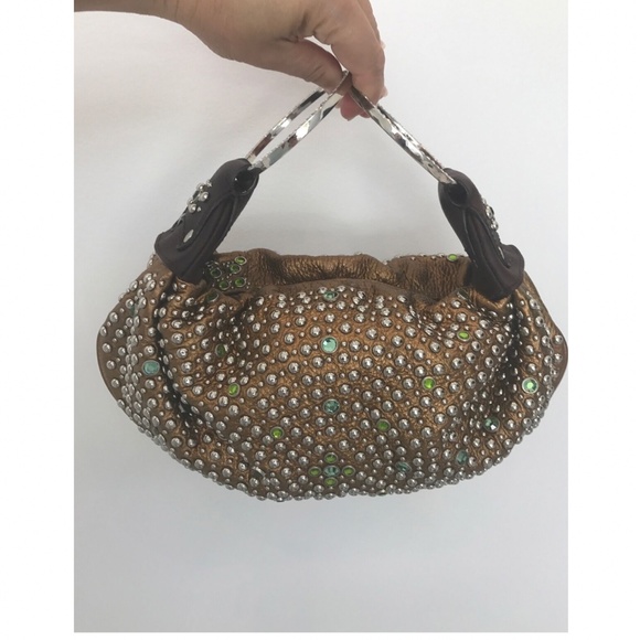 G SERIES BRONZE LEATHER CRYSTAL EMBELLISHED STUD CLUTCH BAG - Picture 11 of 16